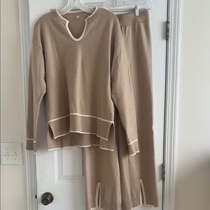 Chic Beige Knit Sweater and Pants Set